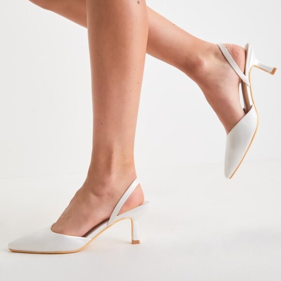 Lulus Leith White Satin Kitten Heel Slingback Pumps - Size 6.5 - Picture 1 of 1